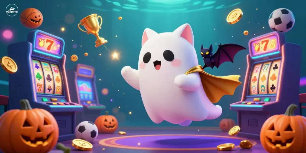 Engage in vibrant casino fun with e39game's friendly ghost cat in a lively scene filled with dynamic game elements.