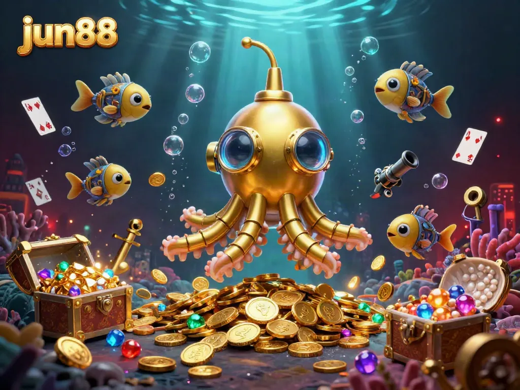 Immerse in the thrilling jun88 experience where a golden kraken submarine surfaces in a treasure-filled world.