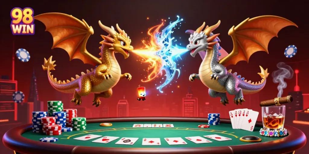 Engage in thrilling action with 98 WIN as golden and silver dragons intertwine amidst vibrant casino elements.