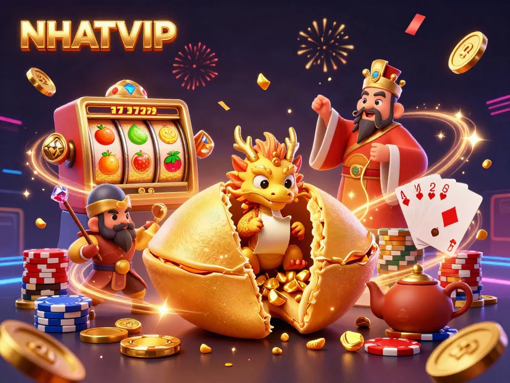 Experience the excitement of NHATVIP with animated casino elements and vibrant characters in a dynamic 3D scene.