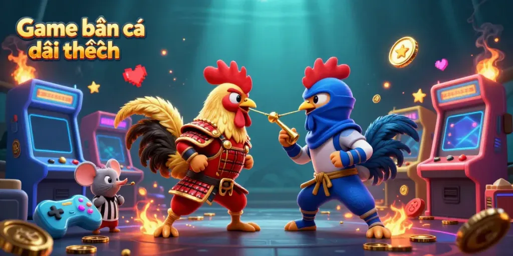 Game bắn cá đổi thưởng featuring dynamic cartoon roosters in an epic showdown amid vibrant arcade elements.