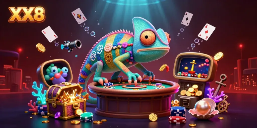 Experience the vibrant world of XX8 with a chameleon character capturing golden coins in a dynamic casino scene.