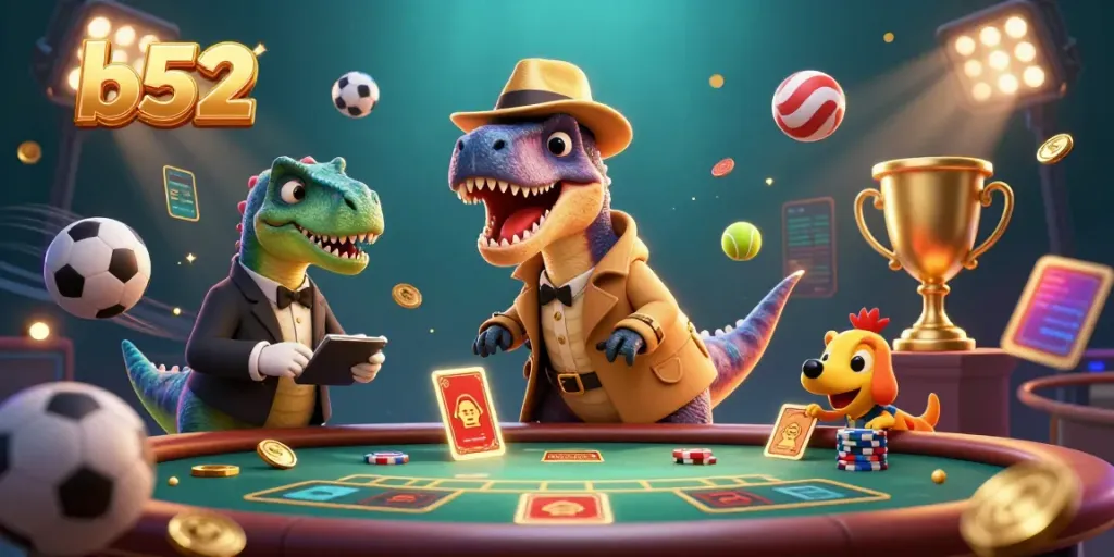 Engage in thrilling gameplay at B52 with cartoon velociraptor, pit boss, and pickpocket amidst dynamic gambling elements.