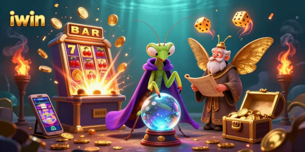 Engage in thrilling gameplay at iwin with vibrant 3D illustrations showing slot machines and fortune tellers.