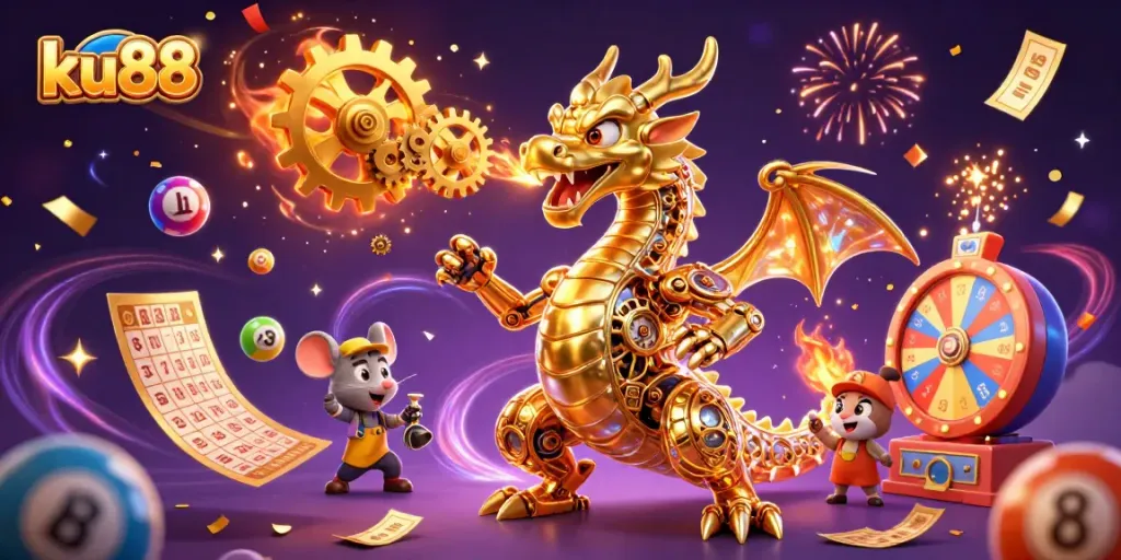 Engage with ku88's exciting casino world featuring a dragon, vibrant games, and dynamic lottery elements.