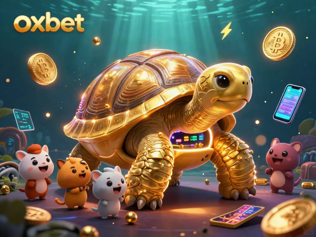 Engage with the vibrant oxbet casino illustration showcasing a golden tortoise pinball machine and crypto elements.