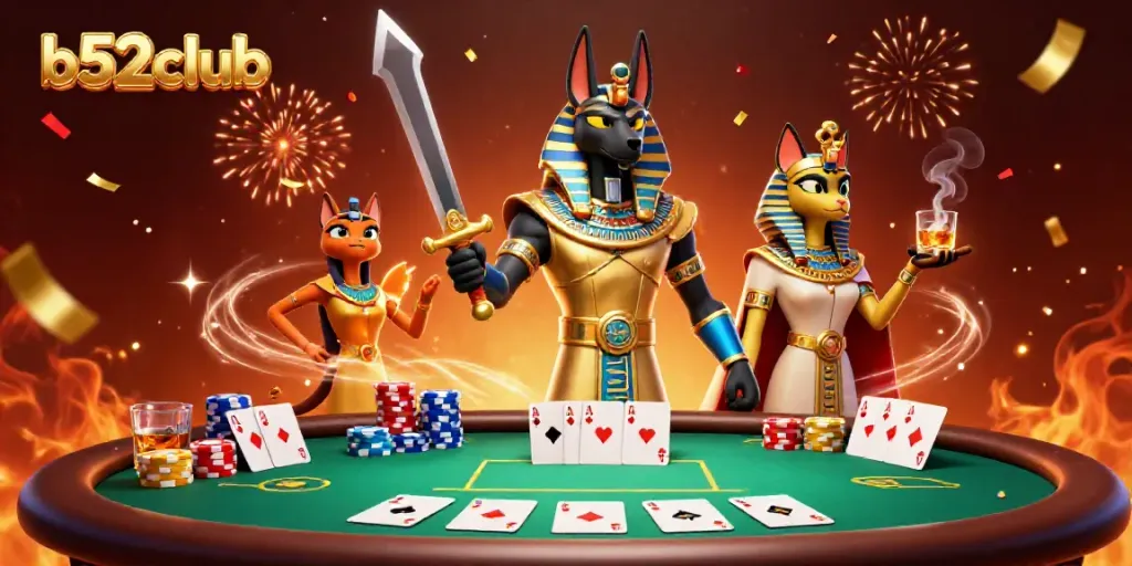 Experience exciting poker action with b52club's vibrant casino scene featuring Anubis and Bastet.