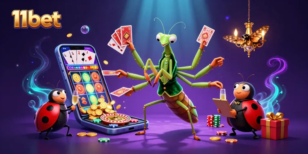 Experience excitement at 11bet with a vibrant 3D casino scene filled with action and winnings.