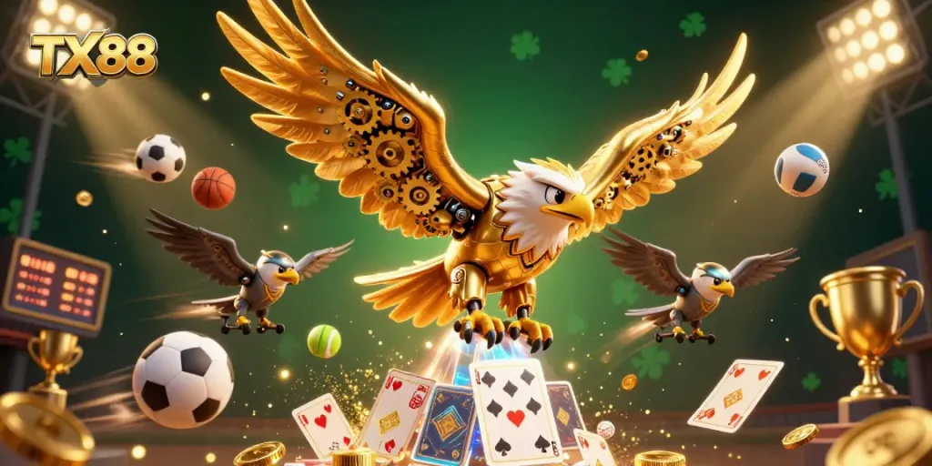 TX88 brings high-energy gaming to life with a vibrant casino illustration featuring sports and excitement.