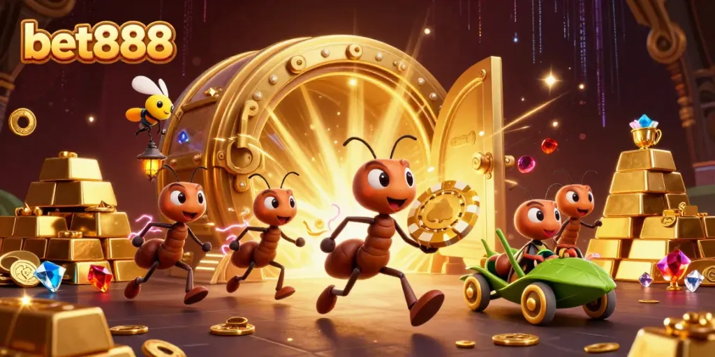 Explore the thrilling heist scene with bet888's giant poker chip carried by ants through a treasure tunnel.