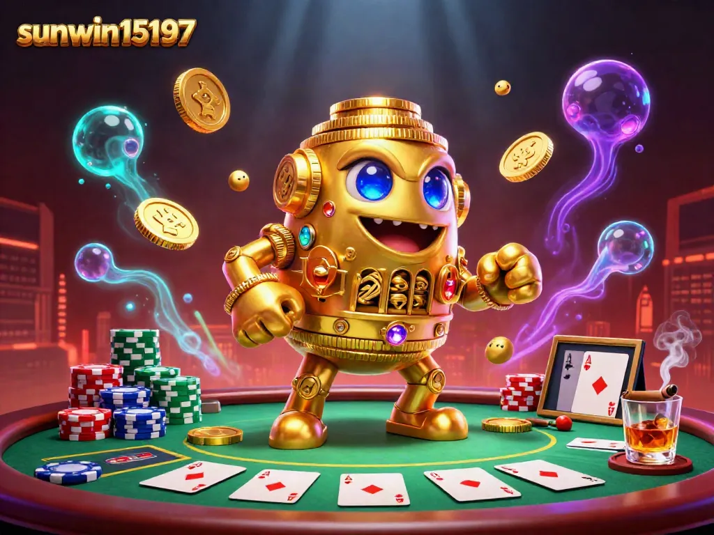 Experience thrilling gaming with sunwin15197 in this dynamic 3D illustration, featuring a golden golem and poker scene.