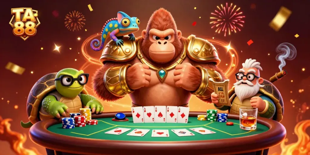 Engage in thrilling poker at TA 88 with a gorilla king and unique colorful characters in a vibrant casino setting.