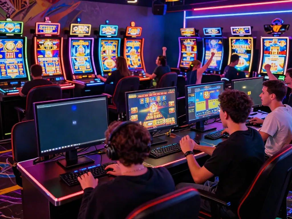 Dynamic scene of players enjoying slot gacor gampang menang games in an engaging online environment.