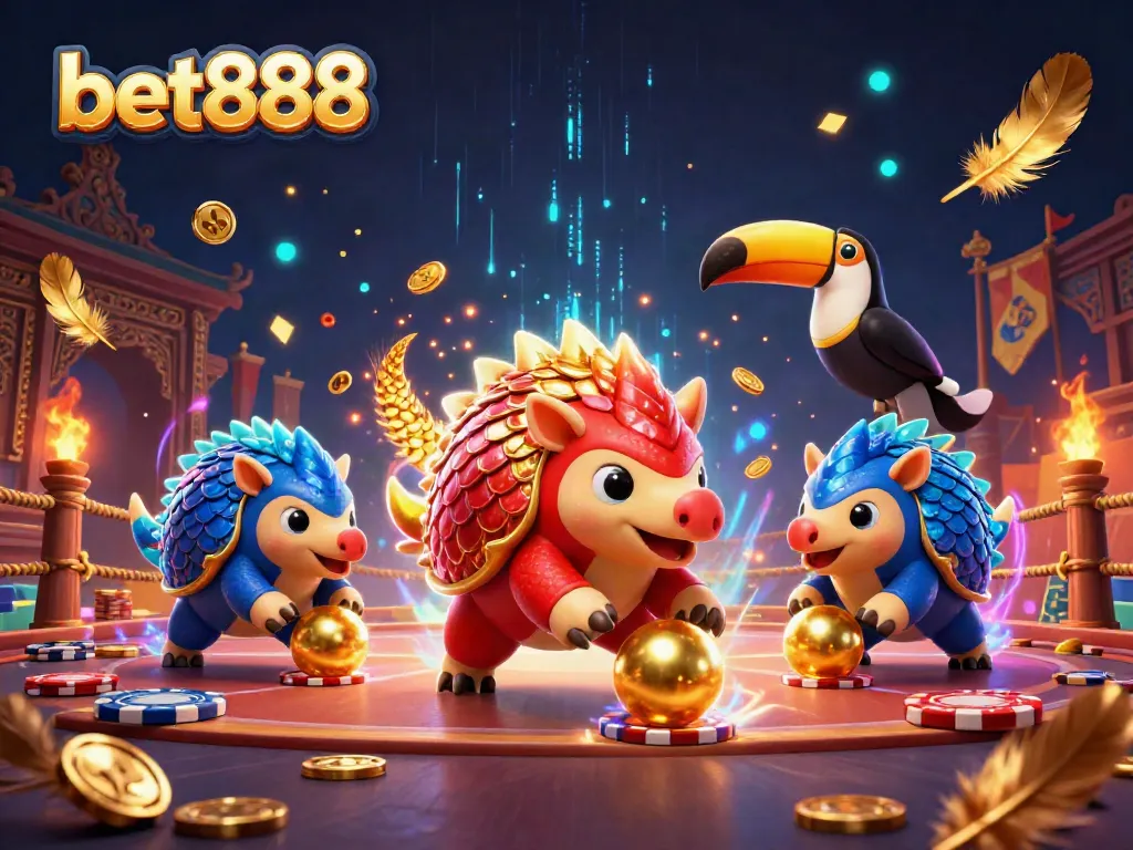 Experience the vibrant competition of bet888 with rival pangolins bowling through poker chips and golden coins.