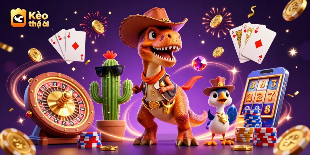 Engage with Kèo nhà cái in a vibrant 3D casino scene featuring a T-Rex and casino elements.