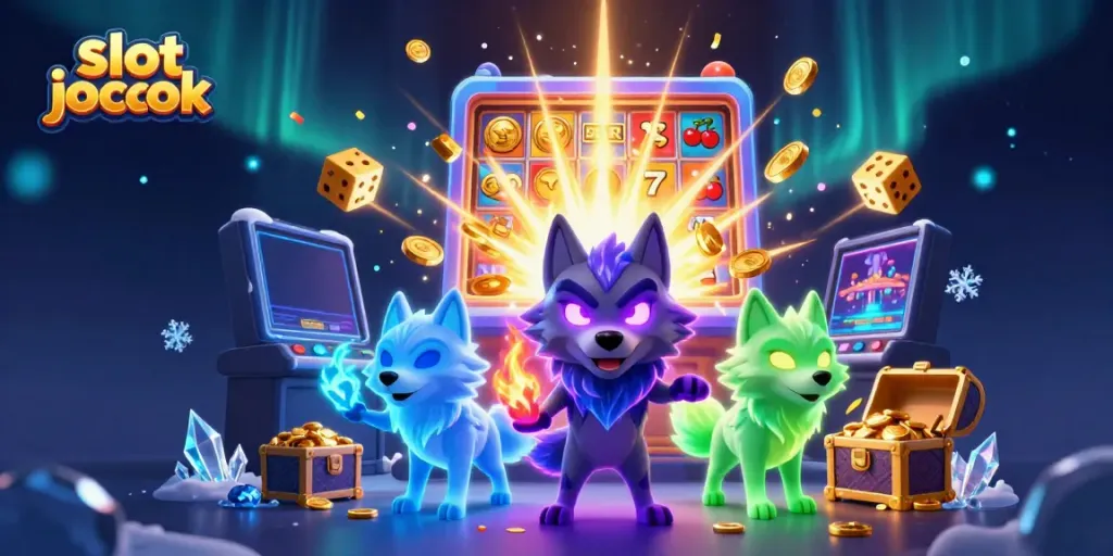 Spin the slot jackpot with vibrant 3D wolves, coins, and casino elements bursting in the scene.