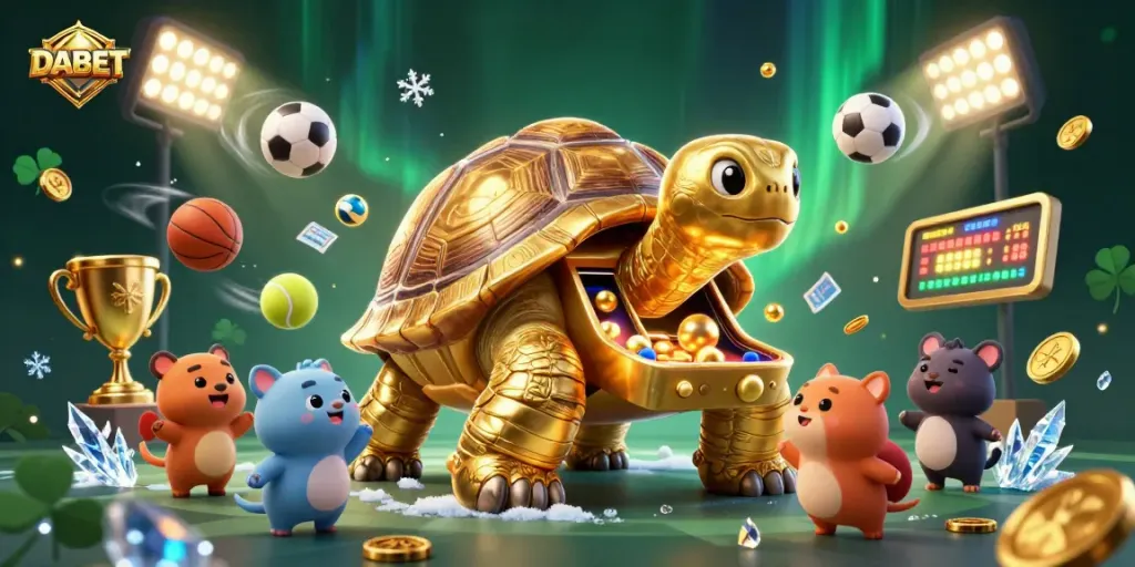DABET players enjoy vibrant casino fun with a colossal tortoise pinball machine and sports elements.