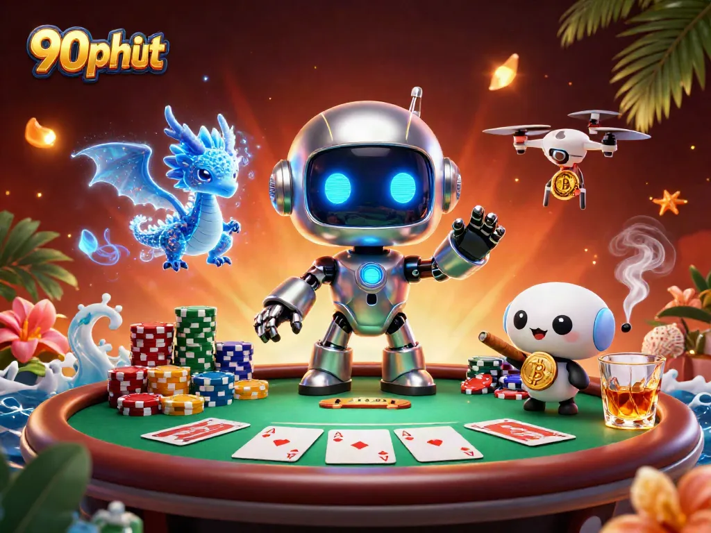 90phut showcases thrilling poker action with a cyberpunk robot and playful companions