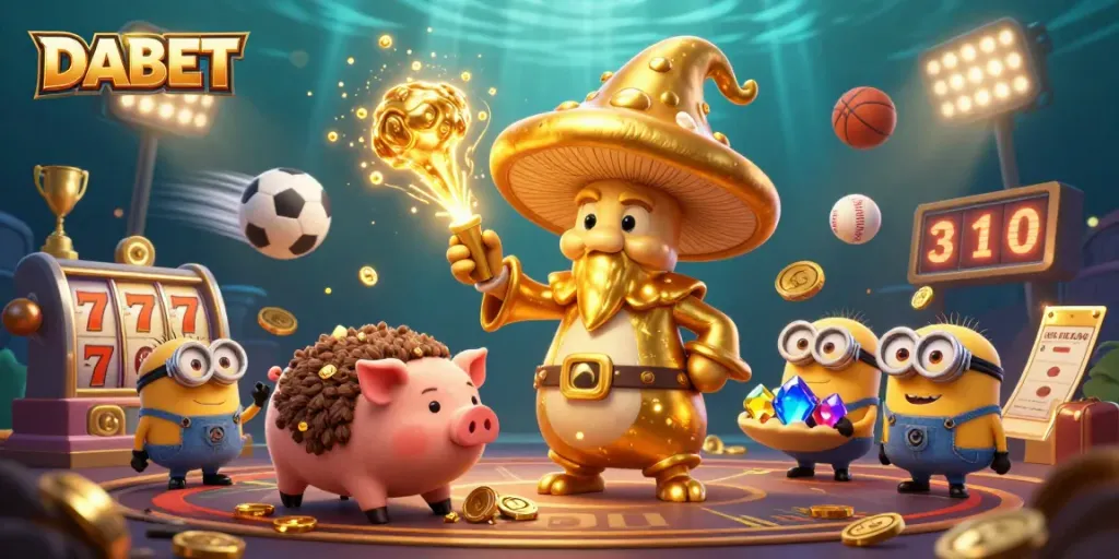 DABET's vibrant gaming scene showcases a golden mushroom wizard with gambling elements, capturing the thrill of betting.