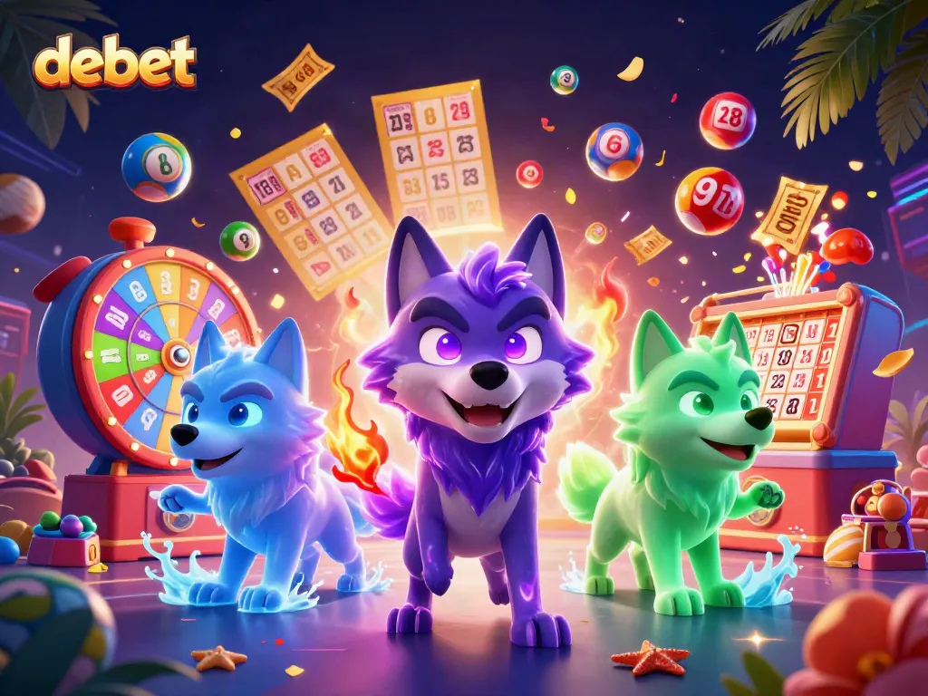 Experience debet gaming excitement with animated wolves, colorful balls, and vibrant prizes.
