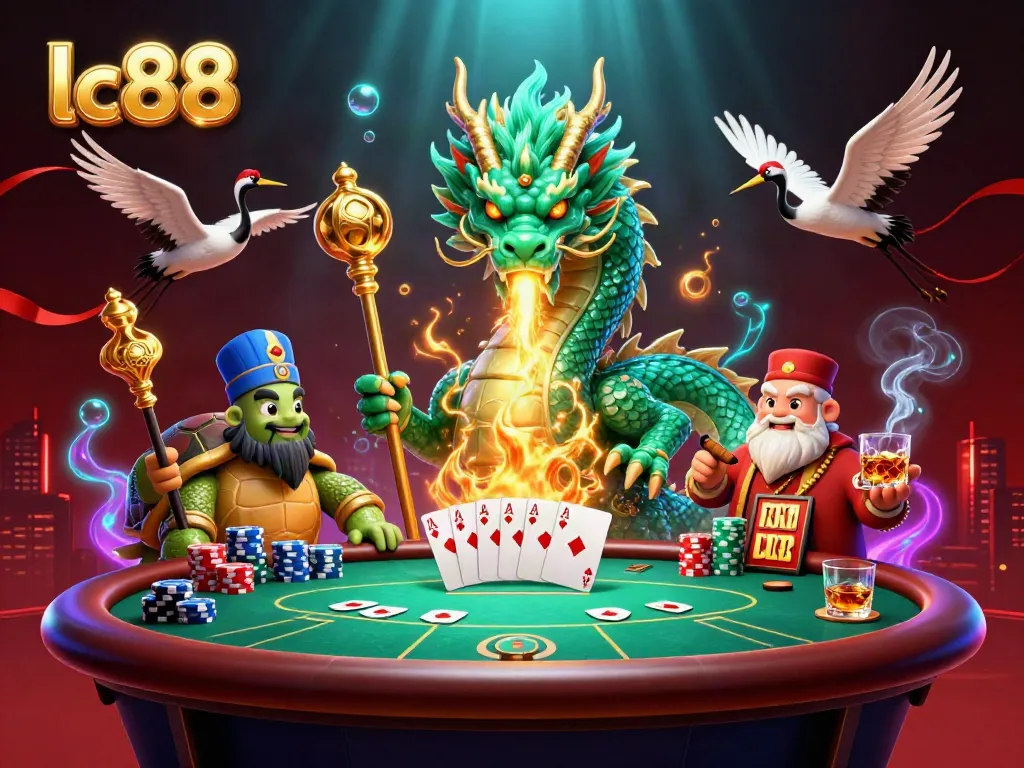Experience exciting gameplay with lc88 featuring a jade dragon, lucky cranes, and vibrant poker elements.