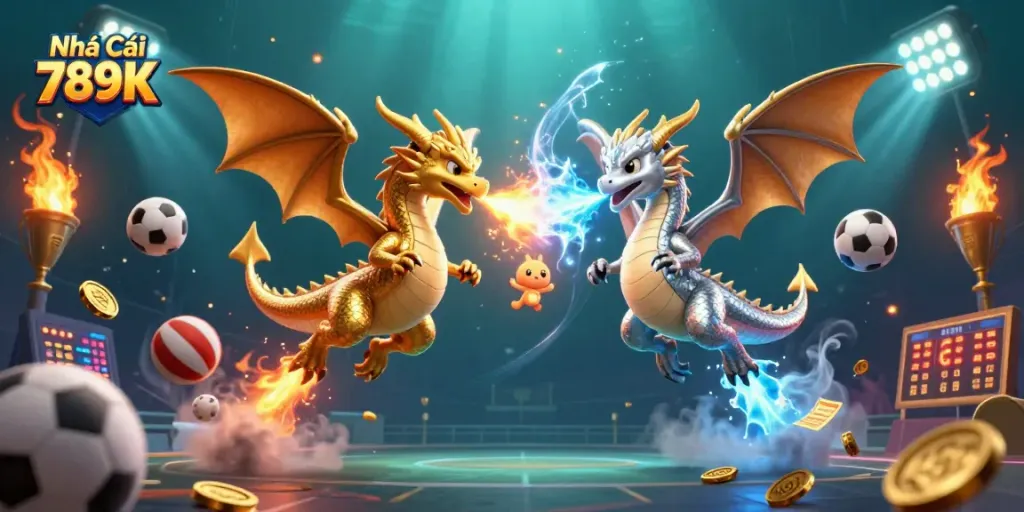 Engage with Nhà Cái 789K through exciting casino games featuring dynamic golden and silver dragons.