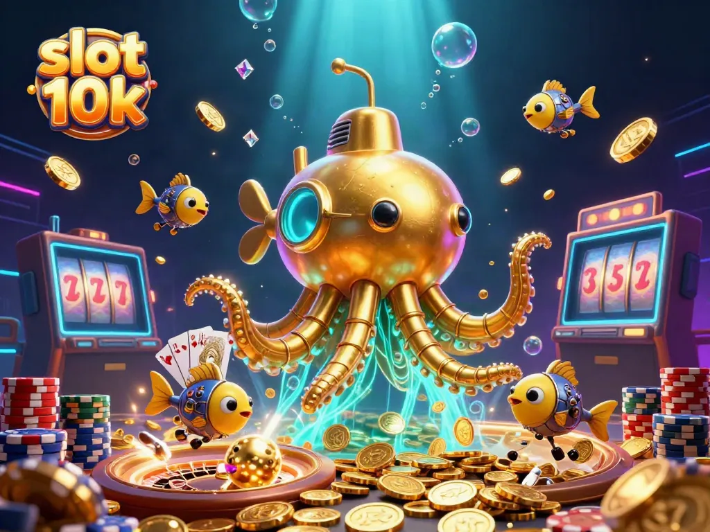 Experience the thrill of slot 10k with golden coins, colorful poker chips, and captivating game elements.