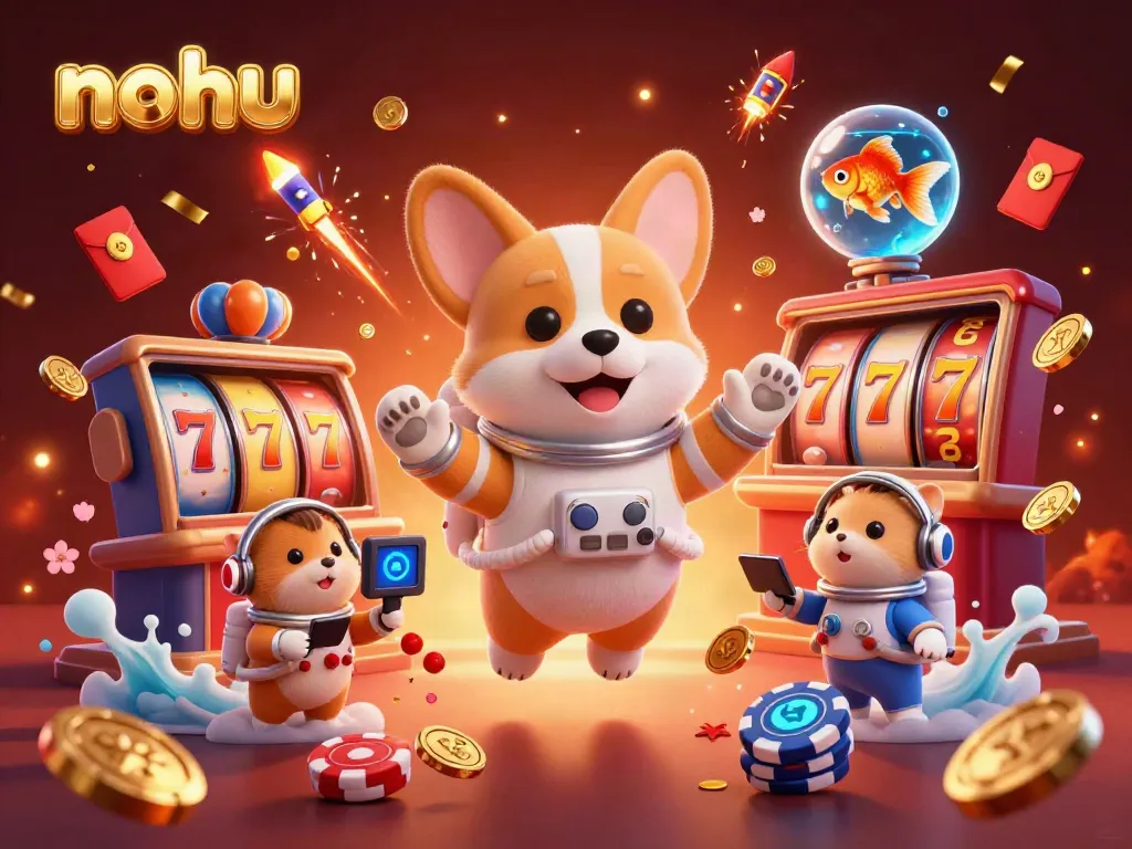Experience nohu's dynamic casino environment with a floating astronaut corgi and colorful slot games.