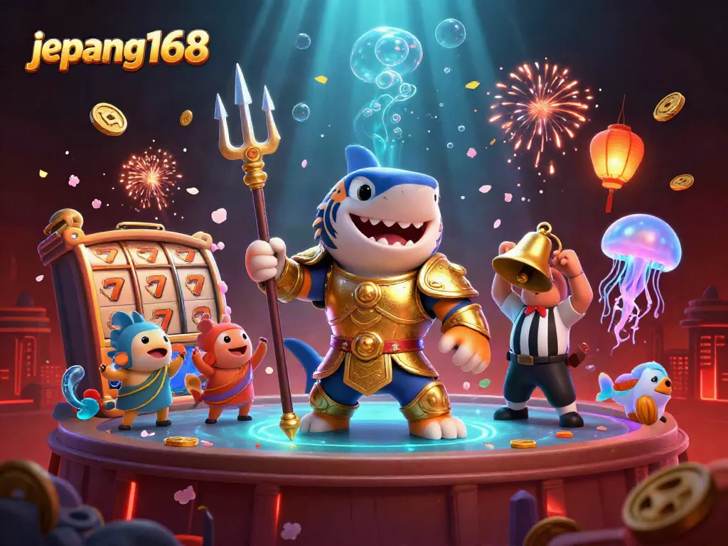 Engage with exciting gameplay at Jepang168 showcasing a golden shark hero among slot reels, adding to the thrill.