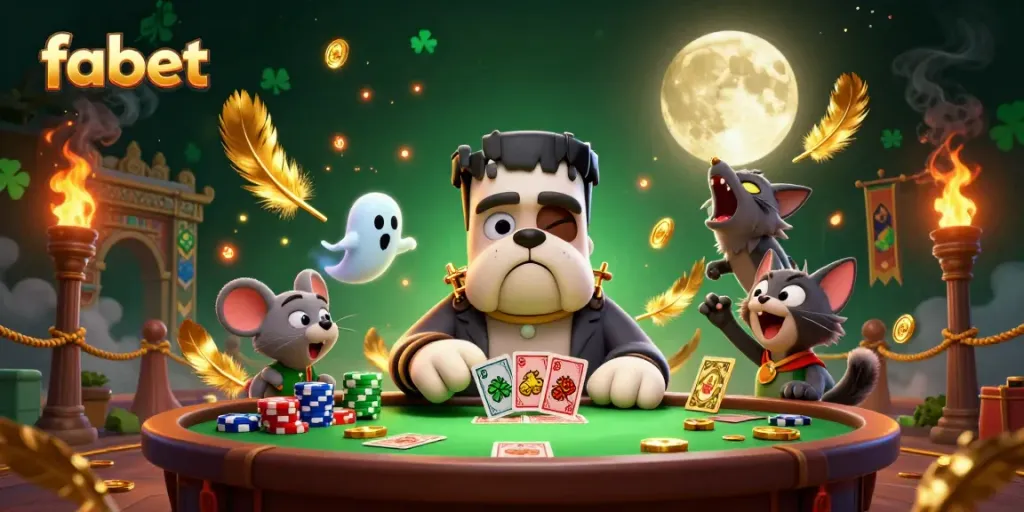 Experience fabet's thrilling gambling scene with a cartoon bulldog dealer and a werewolf kitten among rich casino elements.