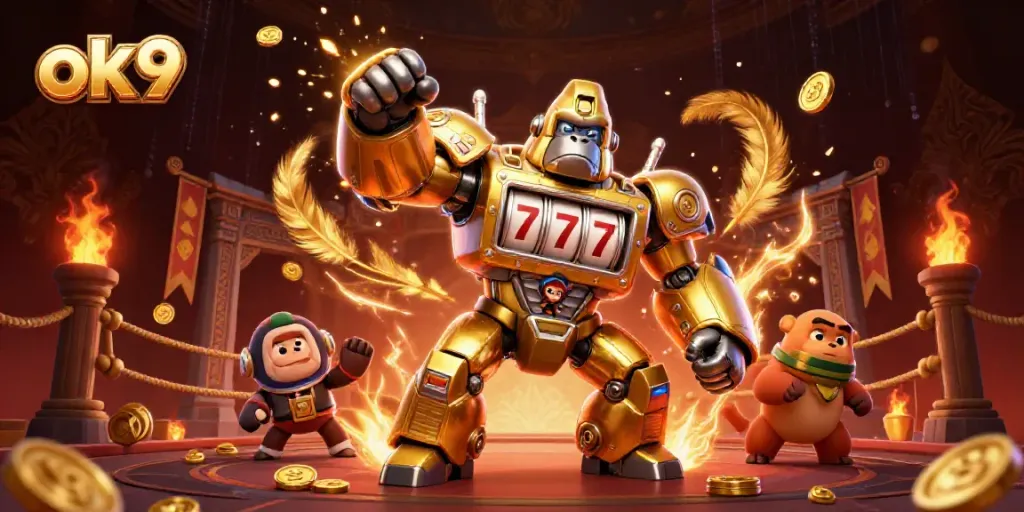 Engage in thrilling gaming action with the ok9 transformer-style gorilla mech amidst vibrant casino elements.