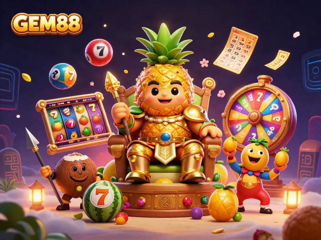 Experience vibrant casino excitement with GEM88's golden pineapple king and lively elements!