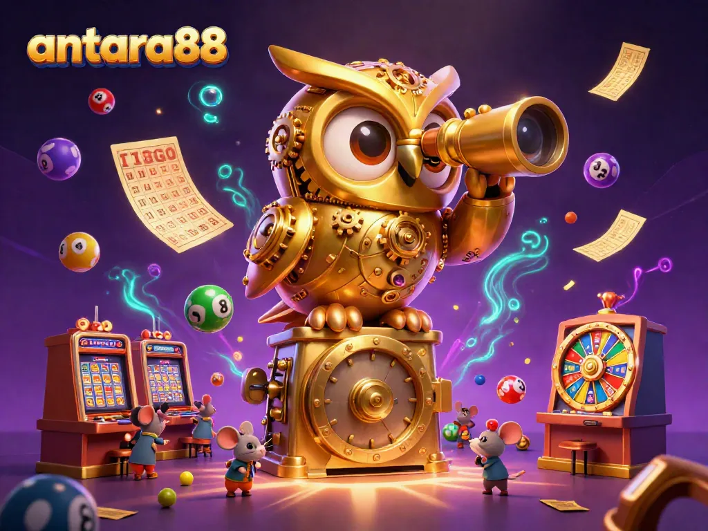Experience the excitement of antara88 with a vibrant casino scene featuring a clockwork owl and lively slot games.