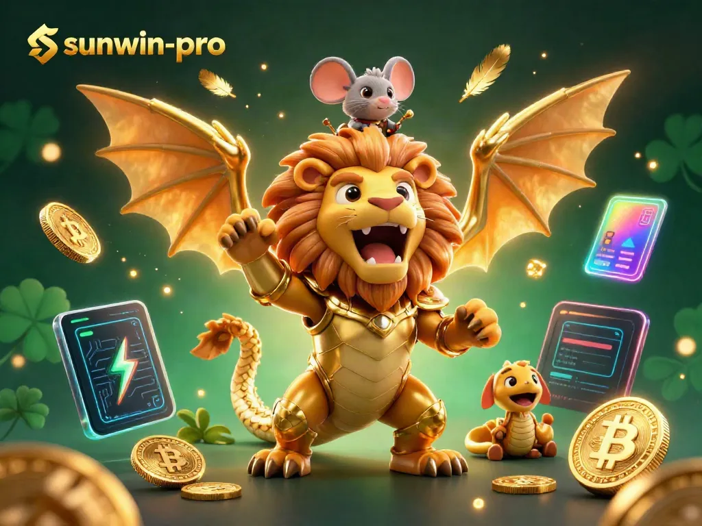 Experience the excitement of sunwin-pro with a vibrant 3D illustration showcasing a roaring chimera, dazzling coins, and casino action.