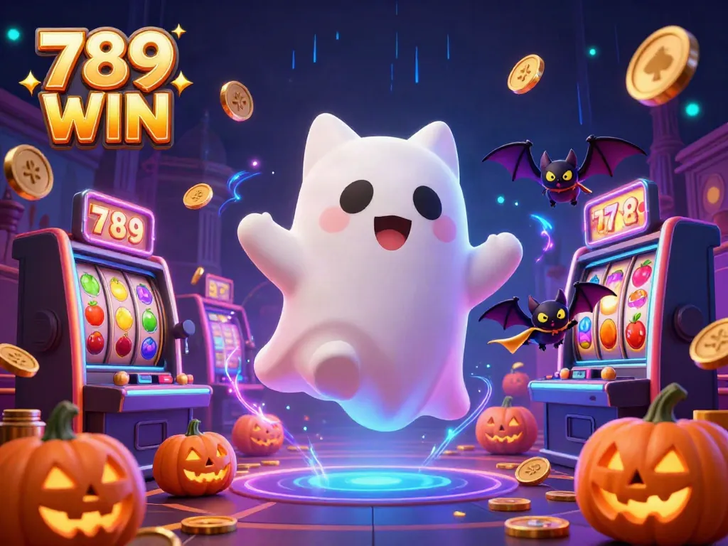 Engage with 789 WIN amidst a vibrant haunted casino scene featuring a friendly ghost cat and glowing jack-o-lanterns.