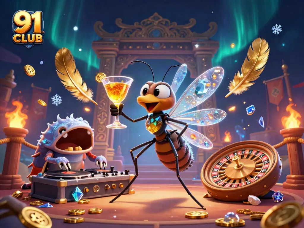 Experience the lively 91 CLUB casino atmosphere with vibrant 3D characters and golden gaming elements.