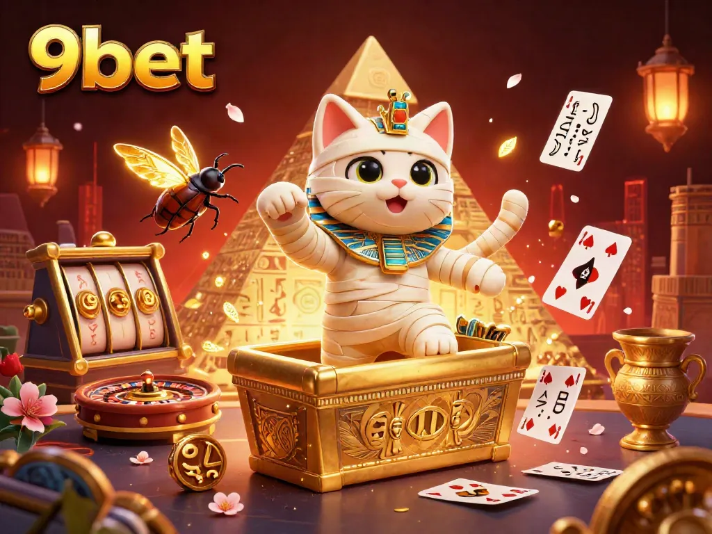 Experience thrilling gameplay with 9bet's vibrant live casino scene featuring Egyptian themes, roulette, and floating cards.