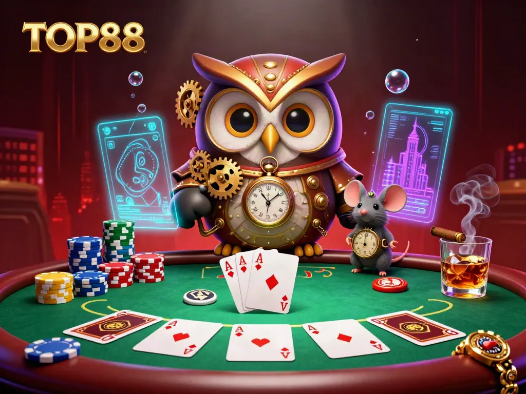 Experience gaming excitement with TOP88 illustrated by a time-traveling owl in a vibrant casino scene.