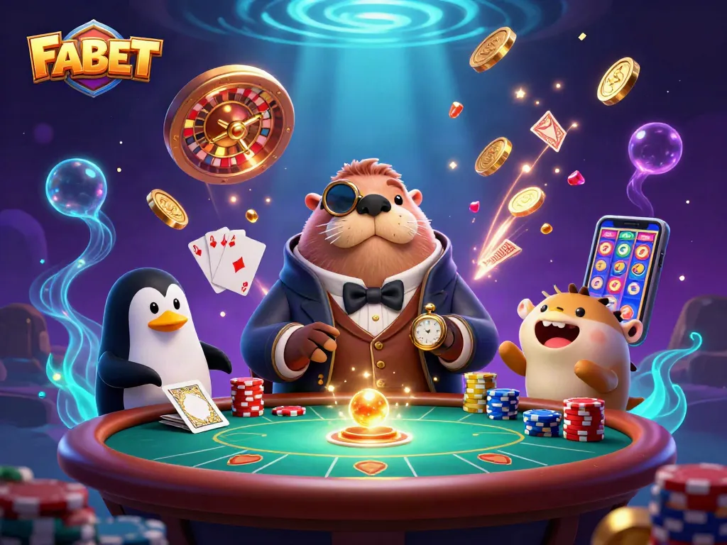 FABET features an underwater poker scene with a walrus, penguin dealer, and pufferfish player.