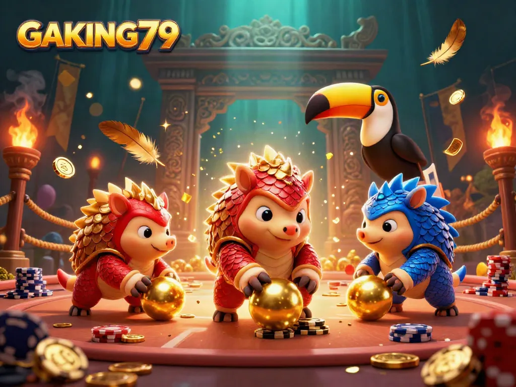 Experience the thrill of GAKING79 with vibrant pangolins in a gambling arena.