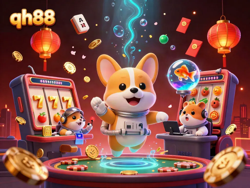 Experience thrilling wins at qh88 with rolling slot reels and floating golden coins.