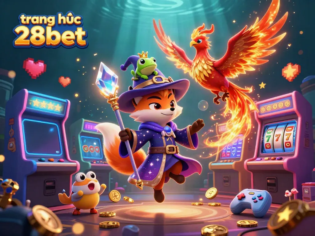 Engage with the vibrant world of trang chủ 28bet as a mystical wizard fox and phoenix soar through a bustling casino scene.