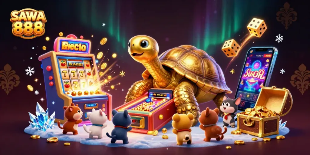 Engage with SAWA 888 in this dynamic 3D casino scene showcasing vibrant games and exciting visuals.