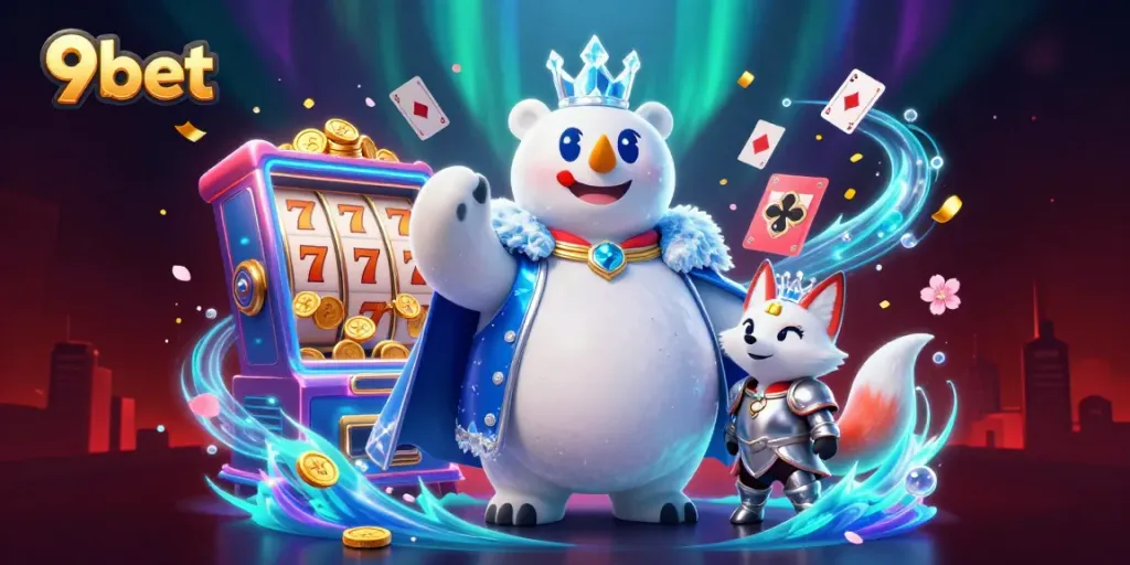 Engage with 9bet's thrilling 3D casino world featuring a playful ice king polar bear and snow fox amidst vibrant gaming elements.