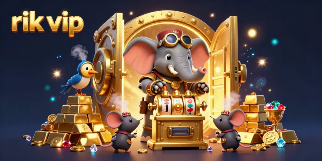 Spin slots and reveal treasures in the vibrant world of rik vip, featuring steampunk characters and gold.