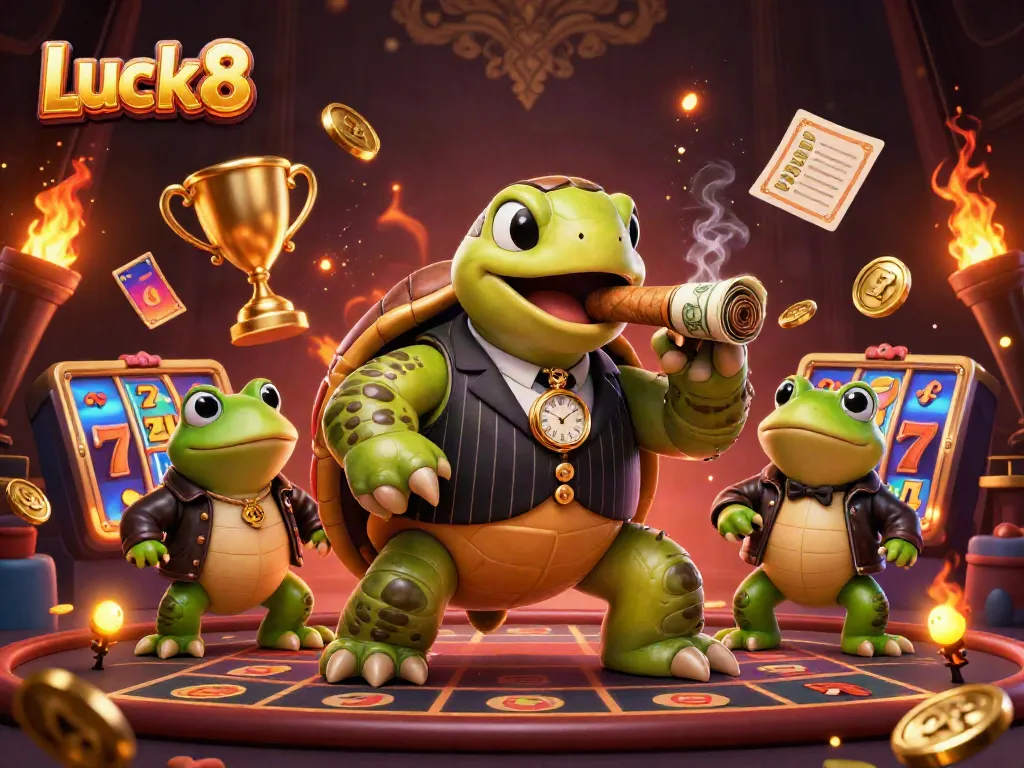 Experience the thrill of Luck8 with casino-themed elements and dynamic characters in action.