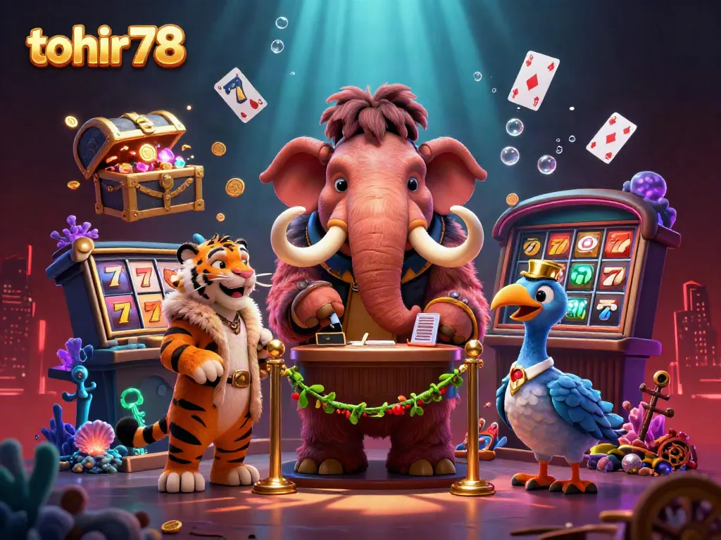 Experience thrilling moments with tohir78 as a woolly mammoth bouncer welcomes a saber-tooth tiger in a vibrant casino scene.