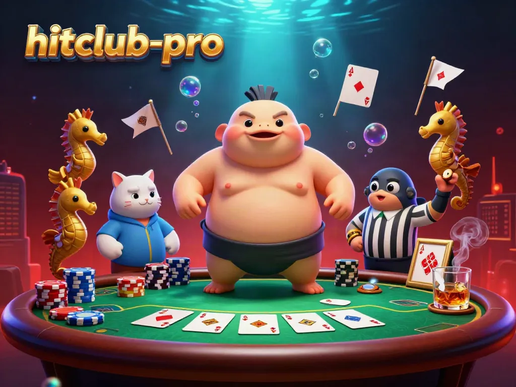 Engaging hitclub-pro poker scene with fugu character, catfish referee, and seahorse fans.