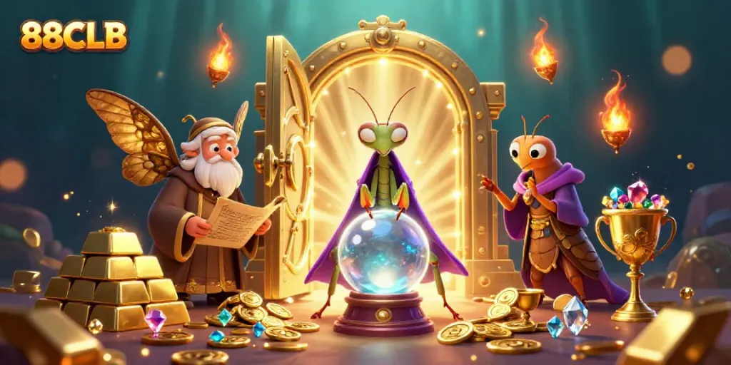 Engage with 88CLB's vibrant casino scene featuring mystical characters and gold treasures.