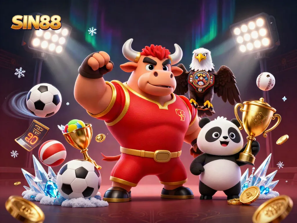 SIN88's dynamic casino scene showcases a muscular bull, eagle, and panda celebrating victory with betting elements.